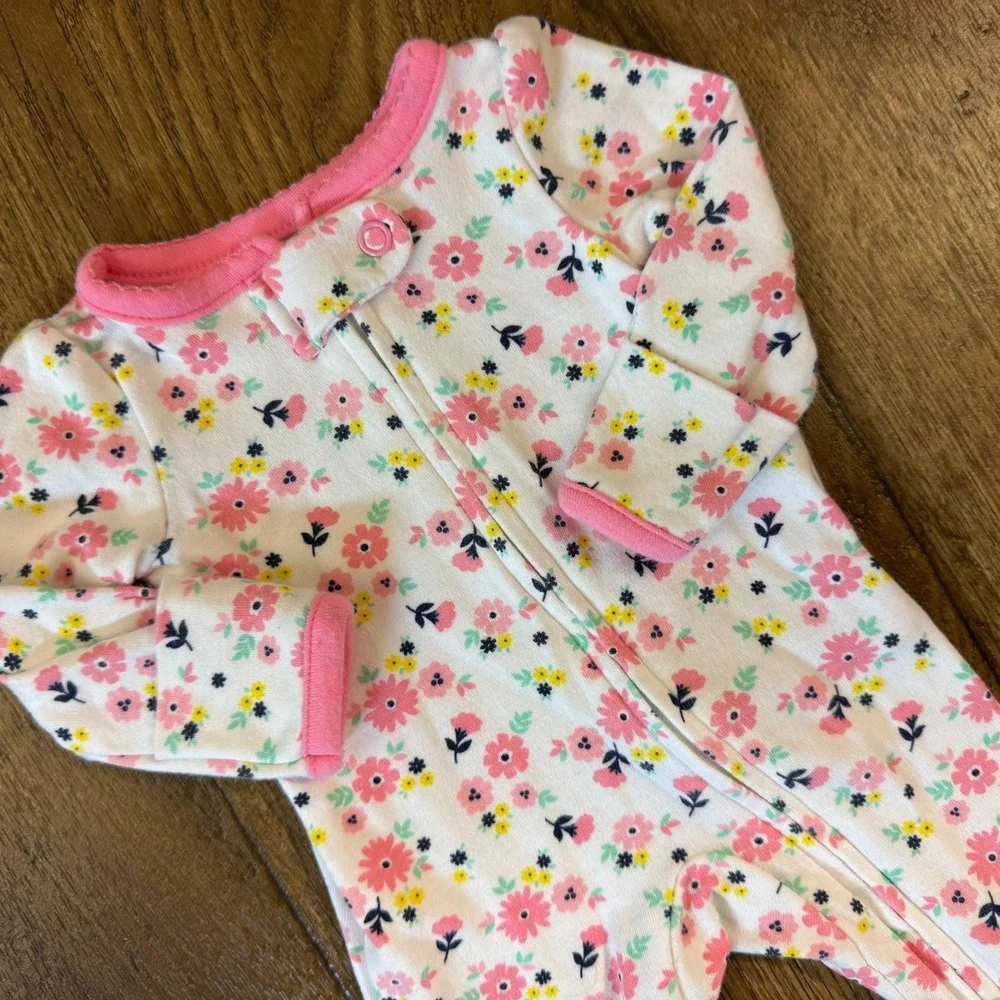 Baby Sleeper Girl Preemie Clothes Zipper Flowers Pink White Outfit One Piece